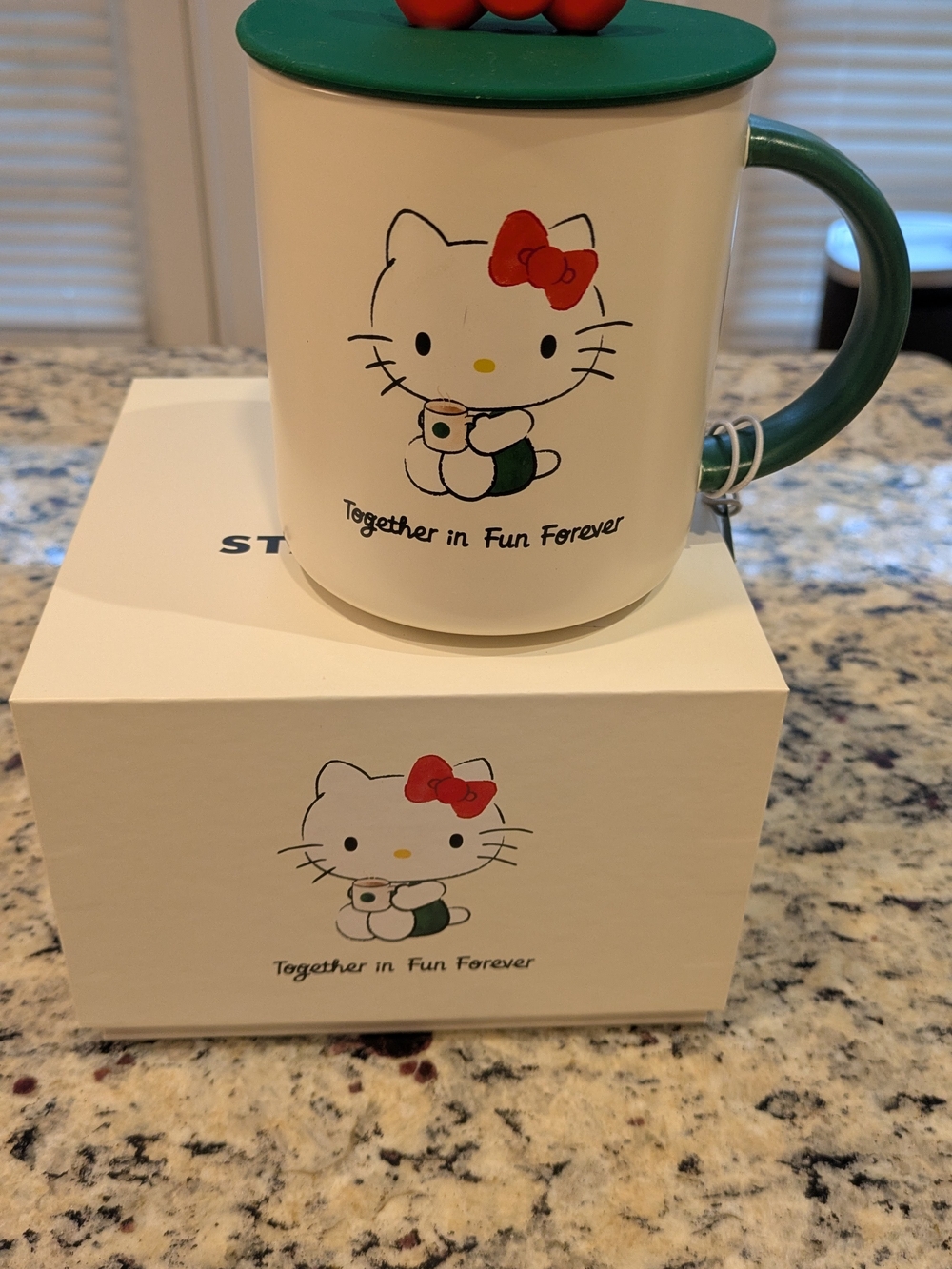NWT Starbucks X Hello Kitty Ceramic Mug with Green Handle and Red Bow Top